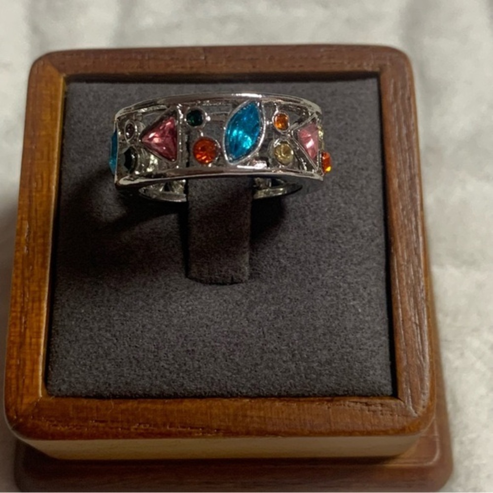 Geometric Multi-color Rhinestones Silver Plate Ring